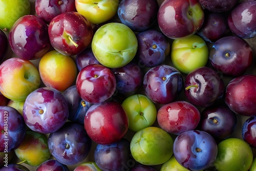 Overhead shot of clustered plums in varying hues of green, red, purple, and yellow with a high gloss shine on the surface.
