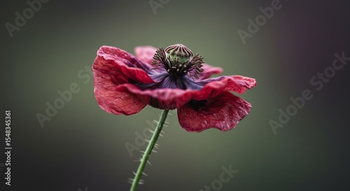 Close-up of a single red poppy with a central seed pod against a blurred, dark green background.