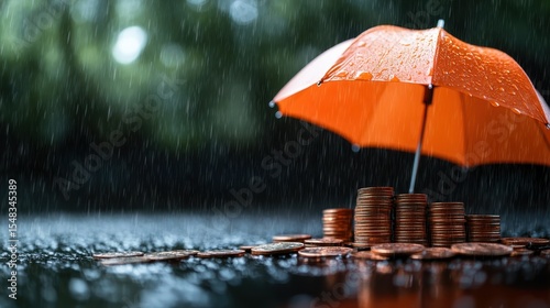 Wallpaper Mural A creative composition featuring stacked coins sheltered under a vibrant orange umbrella, symbolizing financial security or protection in challenging weather conditions. Torontodigital.ca
