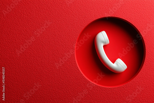Communication's Embrace: A classic telephone handset resting serenely within a vibrant, tactile, red circular recess. New phone call idea for business communication and digital marketing. 