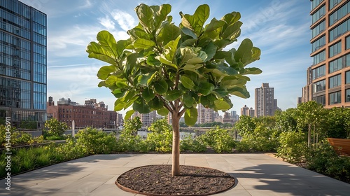 A fig tree in an urban garden with city buildings in the background