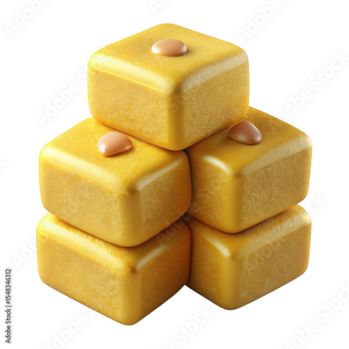Golden cubes stacked with small round toppings isolated on transparent background