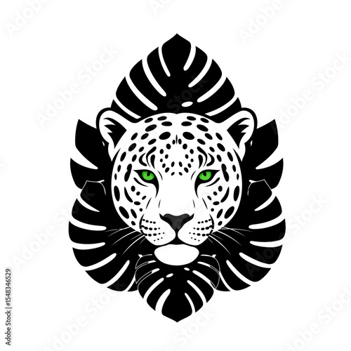 Stylized jaguar head with tropical leaf patterns