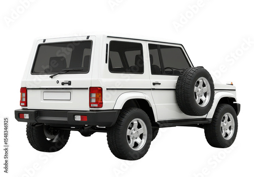 Rear view of a white off road vehicle with spare tire mounted on the side and large tires shown on transparent background