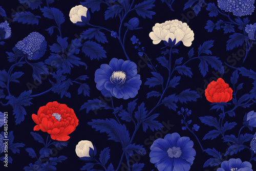 Elegant Floral Pattern in rich navy tones with red and white accents