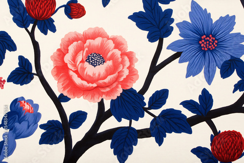 A colorful floral pattern with various flowers, buds, and leaves