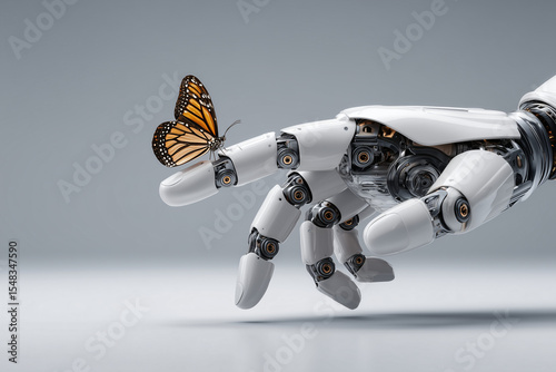 A robot hand delicately interacting with a butterfly, a metaphor for technology and nature's interaction