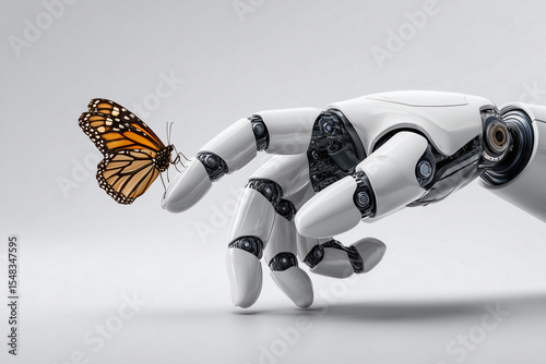 An image of a robotic hand delicately interacting with a beautiful butterfly, symbolizing technology and nature's intersection