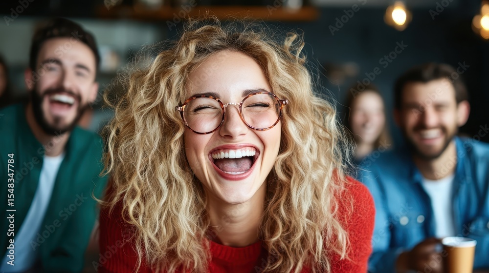 Obraz premium A vibrant, laughing young woman in a cozy café surrounded by friends showcases warmth, joy, and camaraderie, perfect for invoking feelings of happiness and togetherness.