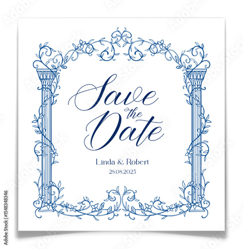 Save the Date Card with Blue Vine Arch and Columns