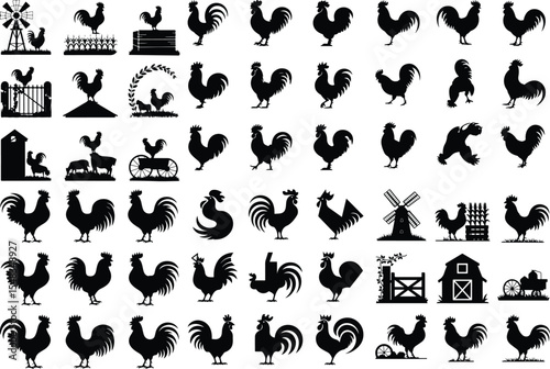 Crowing Rooster Silhouette Collection – Morning Farm Icons Rooster Crowing Icon Silhouette Set – Farm Animal Vector Pack
