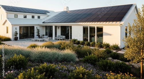 Modern rooftop solar panels on a big white house, surrounded by lush greenery and blooming flowers