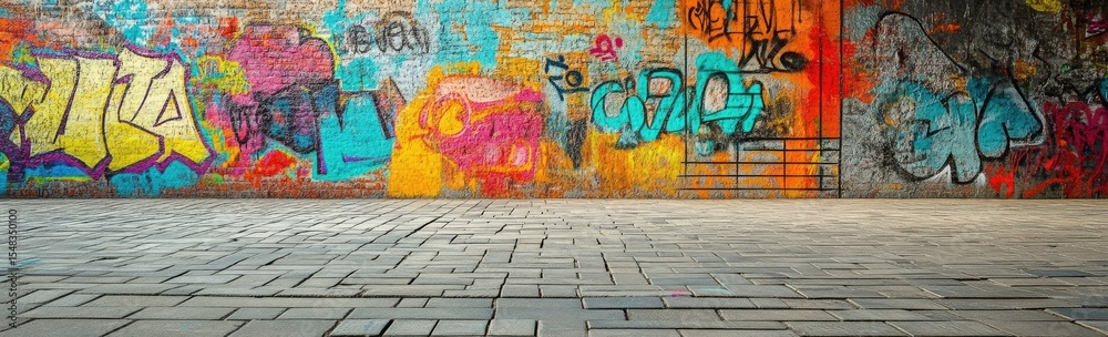 Fototapeta premium Graffiti-covered wall and paved floor