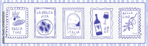 Summer Italy stamp frames dolce vita. Vintage Amalfi coastal postcard with lemons, pasta, wine, oyster and olive. Hand drawn vector crayon Mediterranean sea wall art, travel illustration in blue color