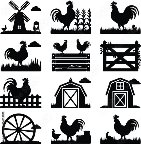 Crowing Rooster Silhouette Collection – Morning Farm Icons Rooster Crowing Icon Silhouette Set – Farm Animal Vector Pack