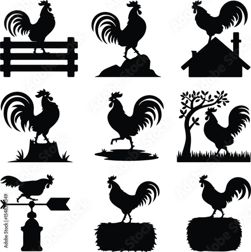 Crowing Rooster Silhouette Collection – Morning Farm Icons Rooster Crowing Icon Silhouette Set – Farm Animal Vector Pack