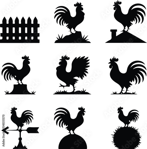 Crowing Rooster Silhouette Collection – Morning Farm Icons Rooster Crowing Icon Silhouette Set – Farm Animal Vector Pack