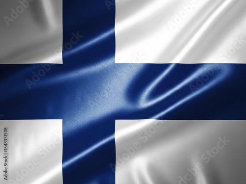 Top-down view of a badly creased silk flag of finland