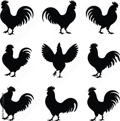 Crowing Rooster Silhouette Collection – Morning Farm Icons Rooster Crowing Icon Silhouette Set – Farm Animal Vector Pack