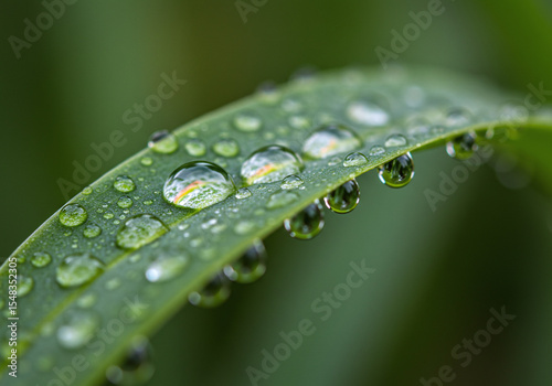 Close-up of dew-covered leaf where each drop refracts light into glowing, colorful prisms.
