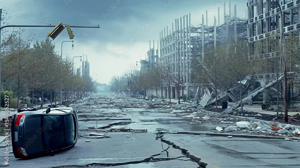 Destroyed city street with overturned car and broken traffic light