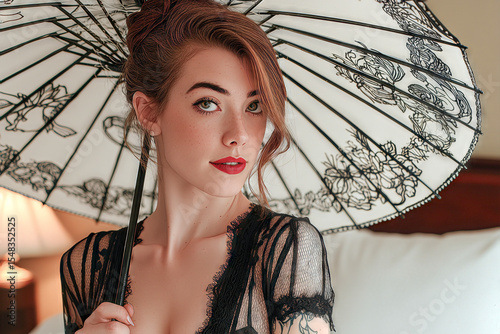Vintage Glamour Portrait with Lace Dress and Parasol