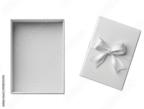 White gift box, open and closed, with bow