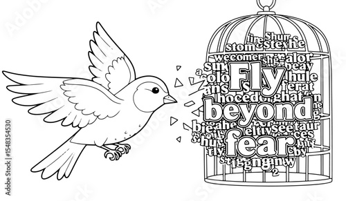 A Series for Alleviating Sadness and Treating Depression :
(15) "Fly Beyond Fear": Bird Escaping a Broken Cage (Line Art for Coloring)