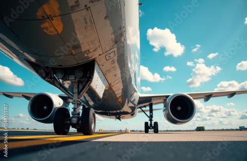 Commercial airplane on runway ready for takeoff under a bright blue sky with clouds