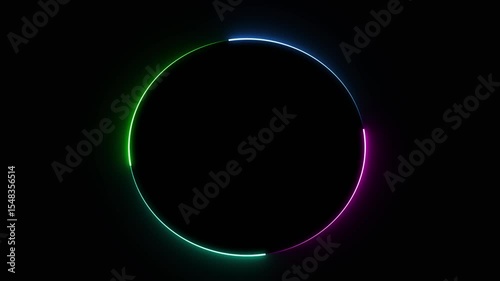 Bright colorful effect neon glowing circular frame  background. repetitive motion animation and flashing. Bright neon light effect isolated on black. 4K graphic animation video.
