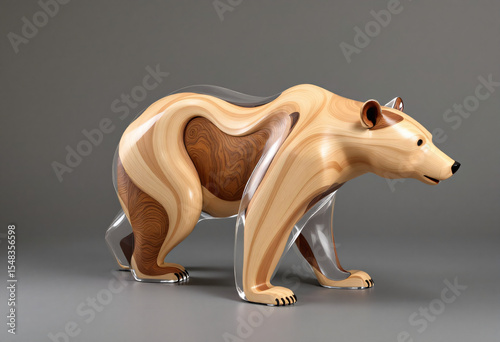 bear sculpture made of wood and plexiglass.