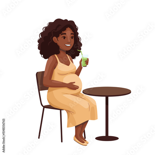 Pregnant woman sitting and drinking smoothie in a cafe, vector, transparent background 