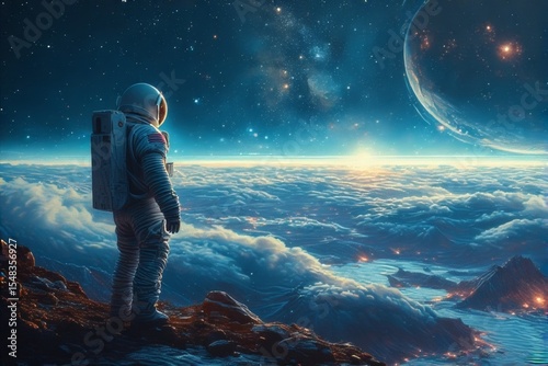 Astronaut in Space with Earth and Sun Glow
Space Exploration: Human on Distant Planet Surface
Cosmic Journey: Astronaut Overlooking a New World
Futuristic Space Travel and Discovery
Solitary Astronaut