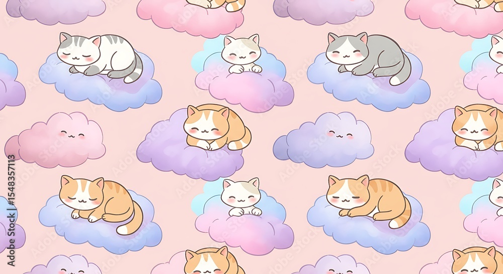 Fototapeta premium Adorable Sleeping Kittens on Fluffy Clouds Seamless Pattern