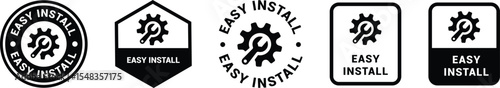 Easy installation with hand and spanner icon set. Install, upgrade, fix, repair service icons. Free installation logo, label, badge, symbol, emblem, stamp, black, line, vector isolated illustration.	