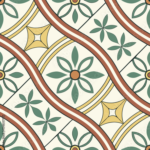 Colorful geometric tile seamless vector pattern with floral designs  