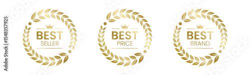 Best Seller, Best Price, Best Brand Set Vector Illustration. In A Realistic Gold with Laurel Wreath. Isolated on white
