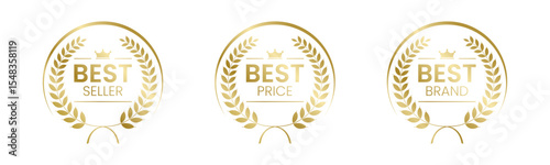 Best Seller, Best Price, Best Brand Set Vector Illustration. In A Realistic Gold with Laurel Wreath. Isolated on white