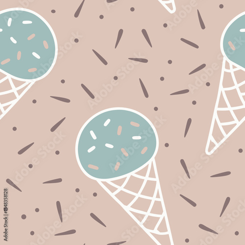 Soft pastel ice cream cone seamless vector pattern with whimsical shapes  
