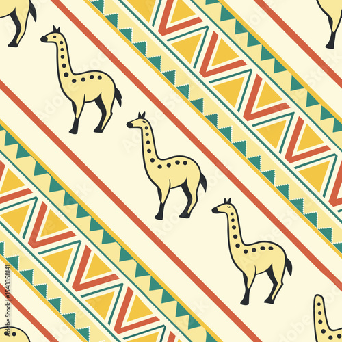 Colorful Peruvian textile seamless vector pattern with giraffe and geometric shapes  