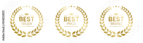 Best Seller, Best Price, Best Brand Set Vector Illustration. In A Realistic Gold with Laurel Wreath. Isolated on white