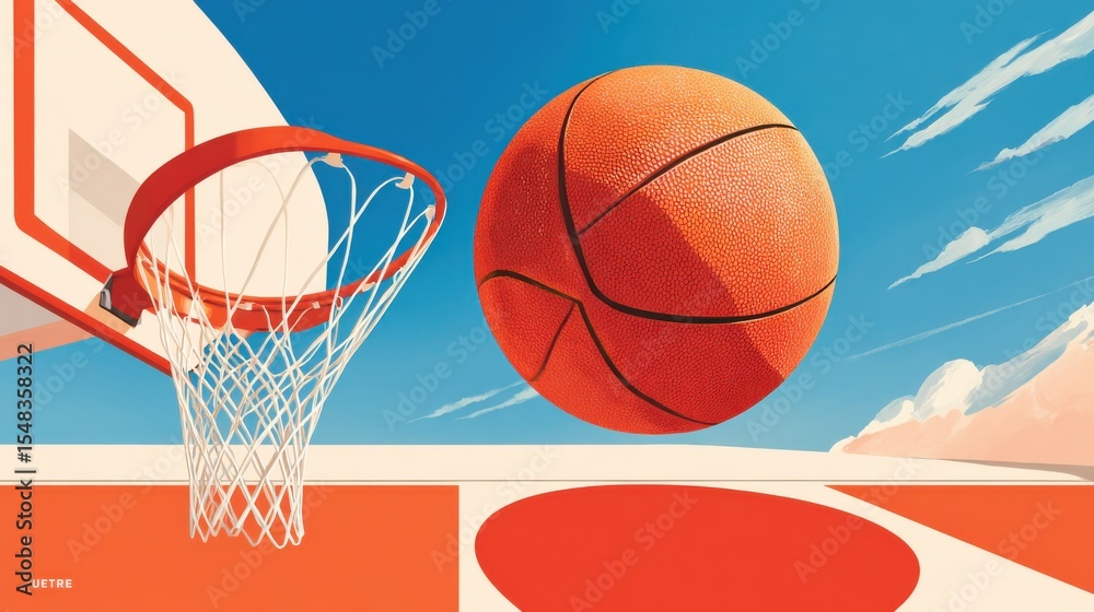 Minimalist illustration of a basketball hoop with a ball mid-air on a sunny day Minimalist illustration of a basketball hoop with a ball mid-air on a sunny day