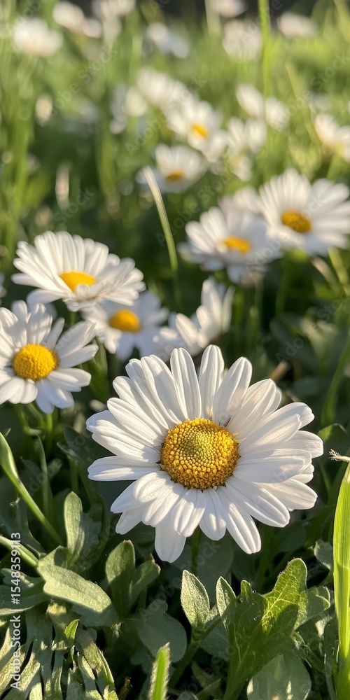 Fototapeta premium Bright White Daisies with Yellow Centers in a Lush Green Field