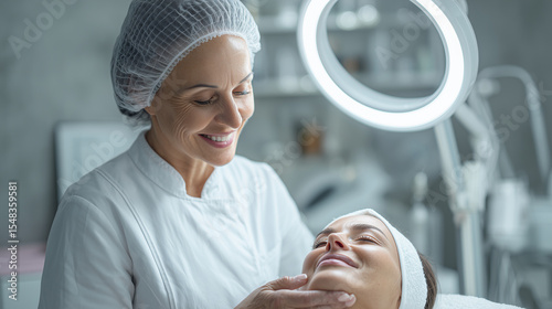Cosmetologist adjusting magnifying lamp during skin care consultation