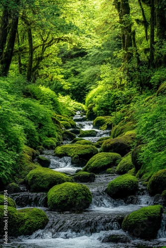 Serene Forest Stream Surrounded by Vibrant Green Moss and Foliage