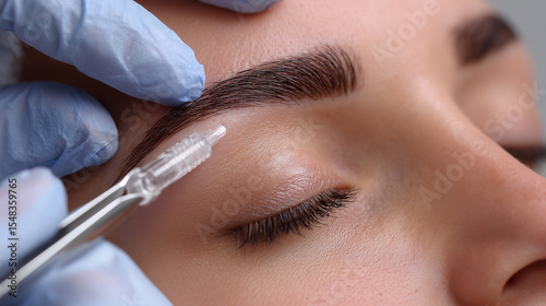 Eyebrow shaping with precision tweezers under clinic lighting
