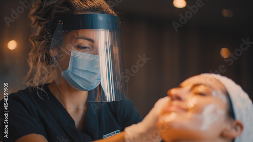 Cosmetologist wearing a face shield and mask applying treatment