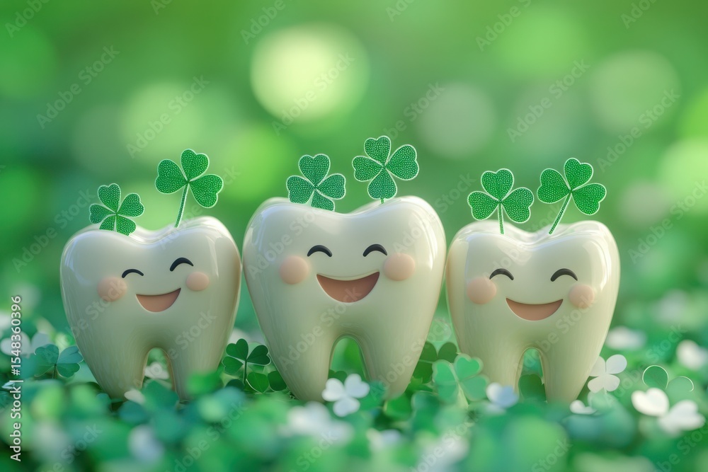 Fototapeta premium Three smiling teeth with shamrocks on a green background celebrating st patrick