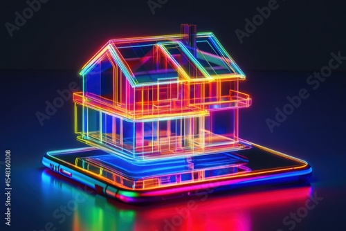 Neon house design on smartphone screen with dark background and vibrant colors