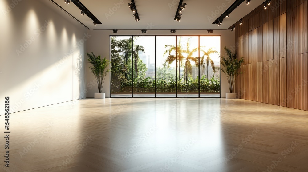 Fototapeta premium A spacious modern interior room featuring large windows, ample natural light, and beautifully arranged greenery, ideal for wellness and productivity.